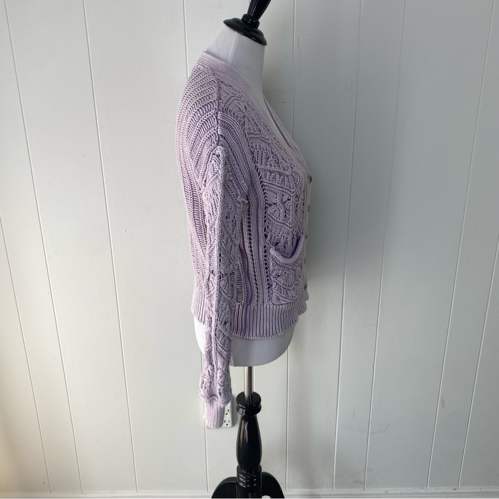 SUNDANCE Lilac Purple Aveline Casual Cotton Crochet Boho Cardigan Lilac Sz XS - Picture 5 of 9